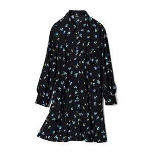 Uniqlo - Printed V-Neck Long-Sleeve Button-Up Shirt Dress | Medium | Black Foral